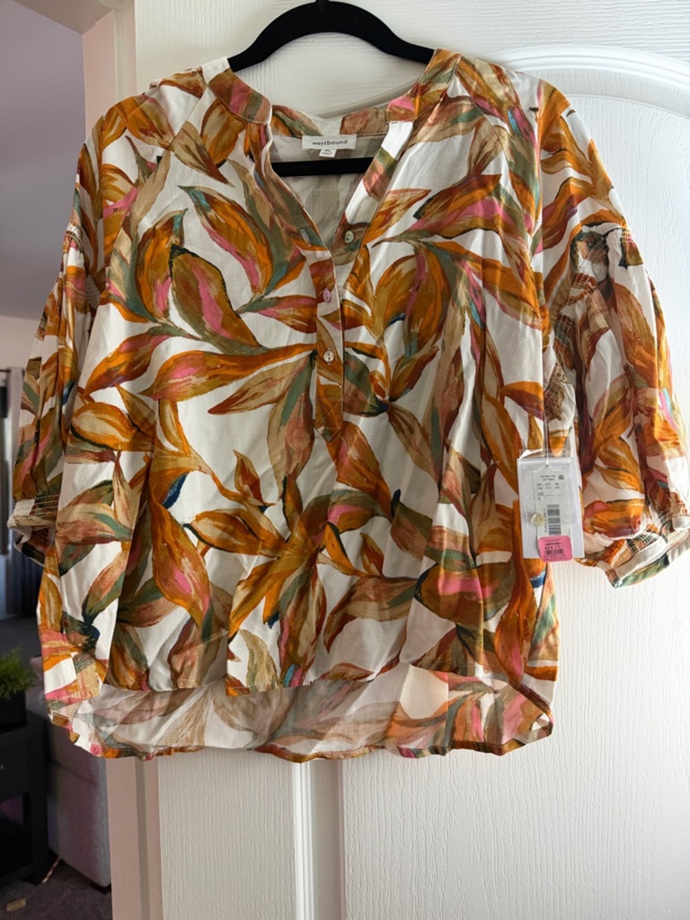 Weekend Max Mara White Leaf-Print Peasant Blouse with Autumn Tones